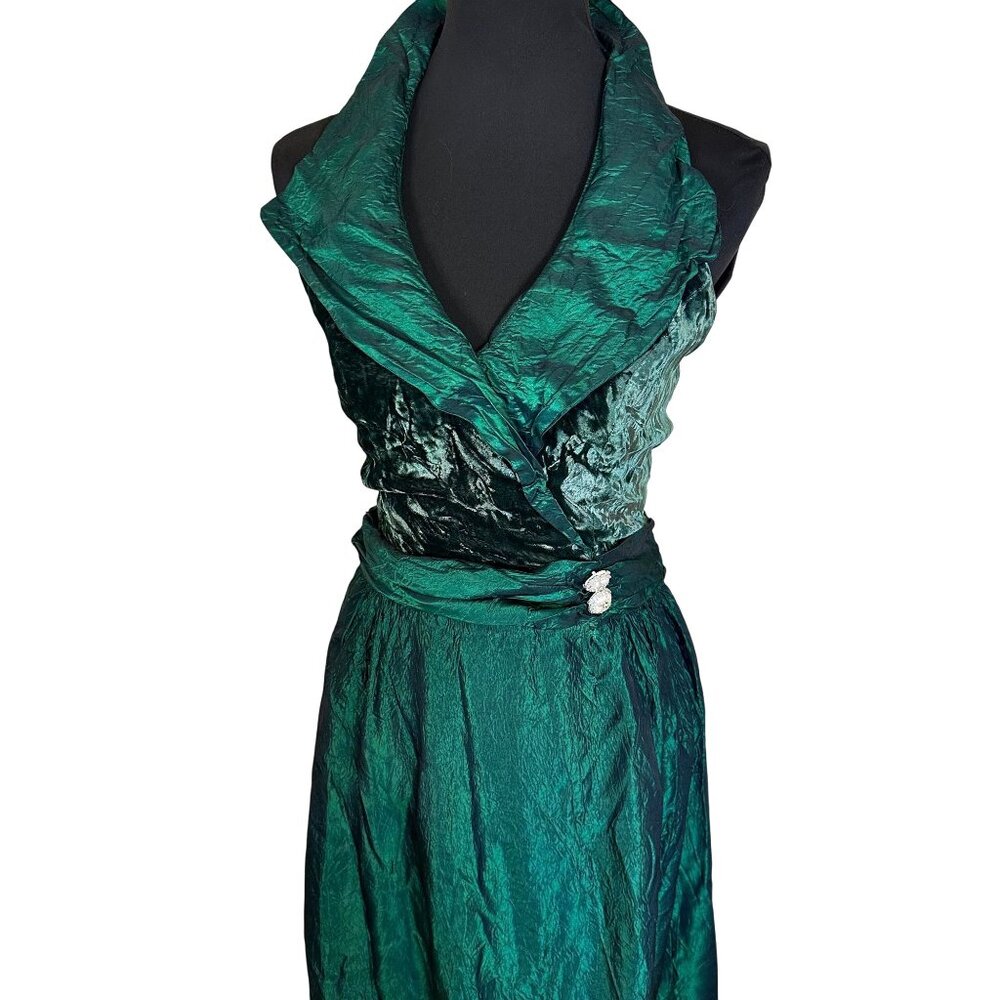 Emerald Green Halter Maxi Dress Womens Vtg Gown Velvet Chiffon Evening Large